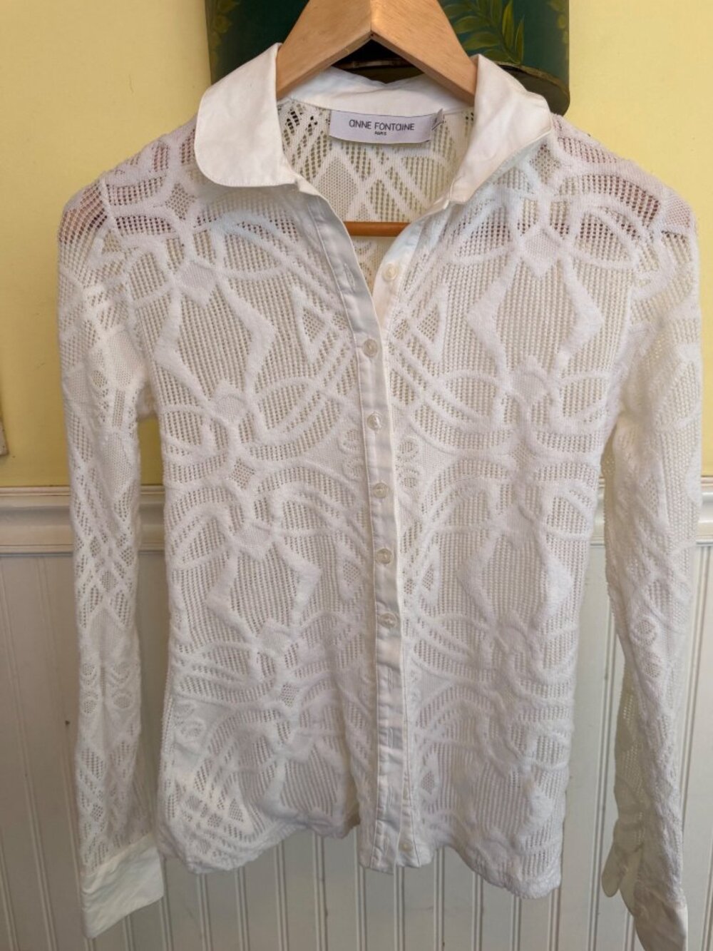 Anne Fontaine White Lace Button Front Collared Blouse Bust 18" Long Sleeve